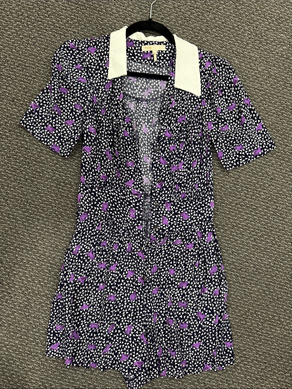 Maje Collared Short Sleeve Romper with Purple Floral Print